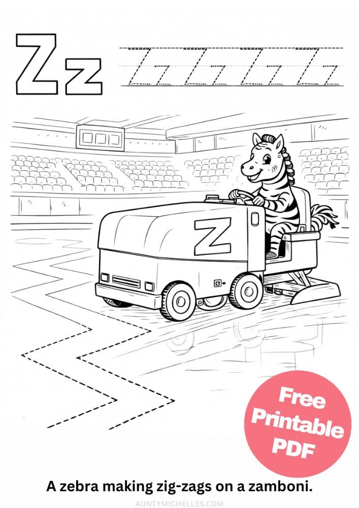 Free Printable Alphabet Coloring Pages for Kids ABC Colouring Book Sheets Printout PDF Learning z zebra zig zag zamboni