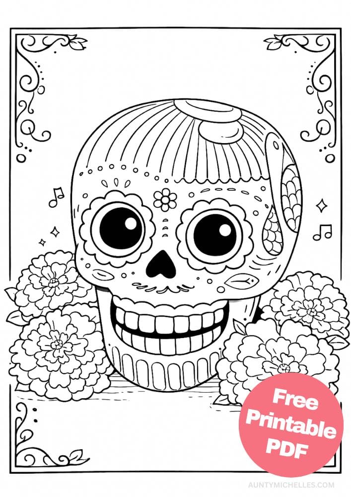 Free Printable Day of the Dead Coloring Pages for Kids Día de los Muertos Coloring Book Mexico Mexican 17 skull skeleton marigolds flowers