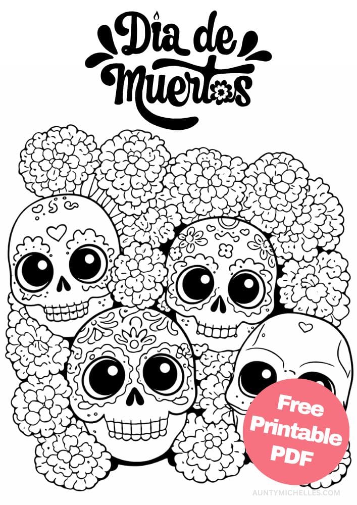 Free Printable Day of the Dead Coloring Pages for Kids Día de los Muertos Coloring Book Mexico Mexican 3 skeleton skull marigold flowers