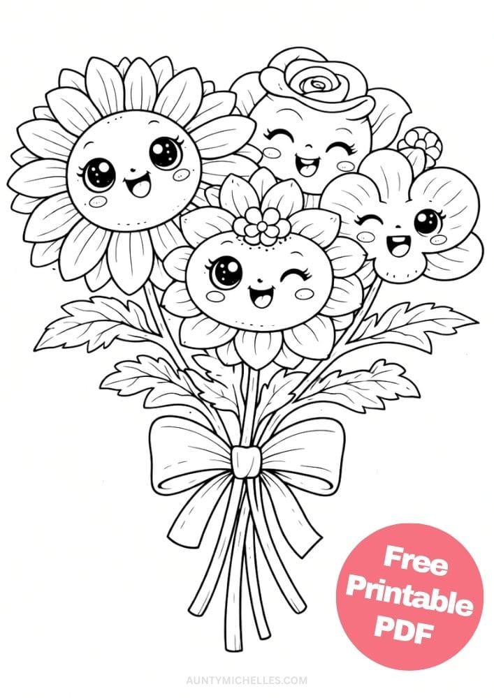Free Printable Flower Coloring Pages for Kids Floral Coloring Book Garden Printout Sheets 15 bouquet cute faces