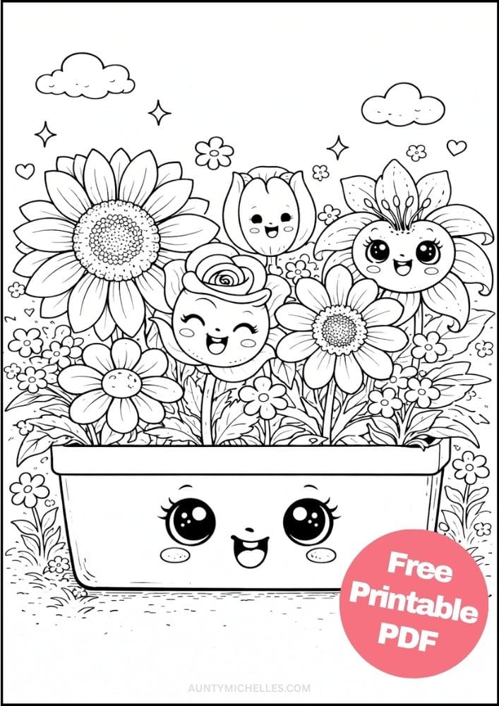 Free Printable Flower Coloring Pages for Kids Floral Coloring Book Garden Printout Sheets 17 window box cute faces
