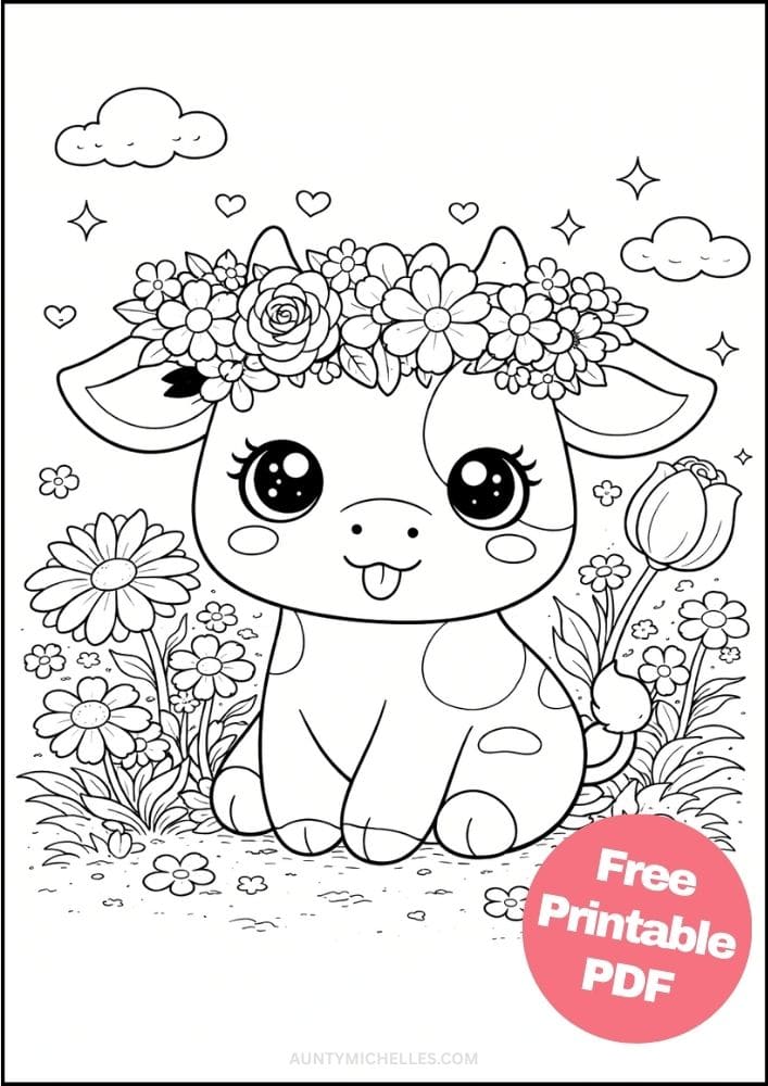 Free Printable Flower Coloring Pages for Kids Floral Coloring Book Garden Printout Sheets 19 cute baby cow flower crown