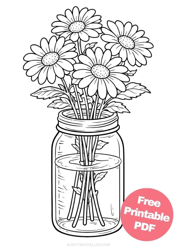 Free Printable Flower Coloring Pages for Kids Floral Coloring Book Garden Printout Sheets 6 daisies mason jar bouquet