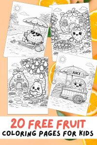 Free Printable Fruit Coloring Pages for Kids, Cute Food Colouring Book Sheets, Download PDF, Fruit Printout, Healthy, Adorable, Fruit Village, Imagination, Dream World, Fruit Activities for Kids, Strawberry, Banana, Avocado, Watermelon