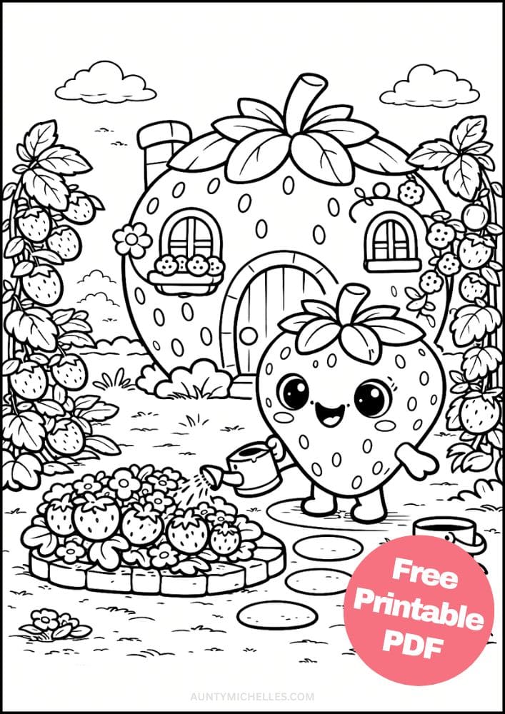 Free Printable Fruit Coloring Pages for Kids Cute Food Colouring Book Sheets Printout PDF 1 strawberry house