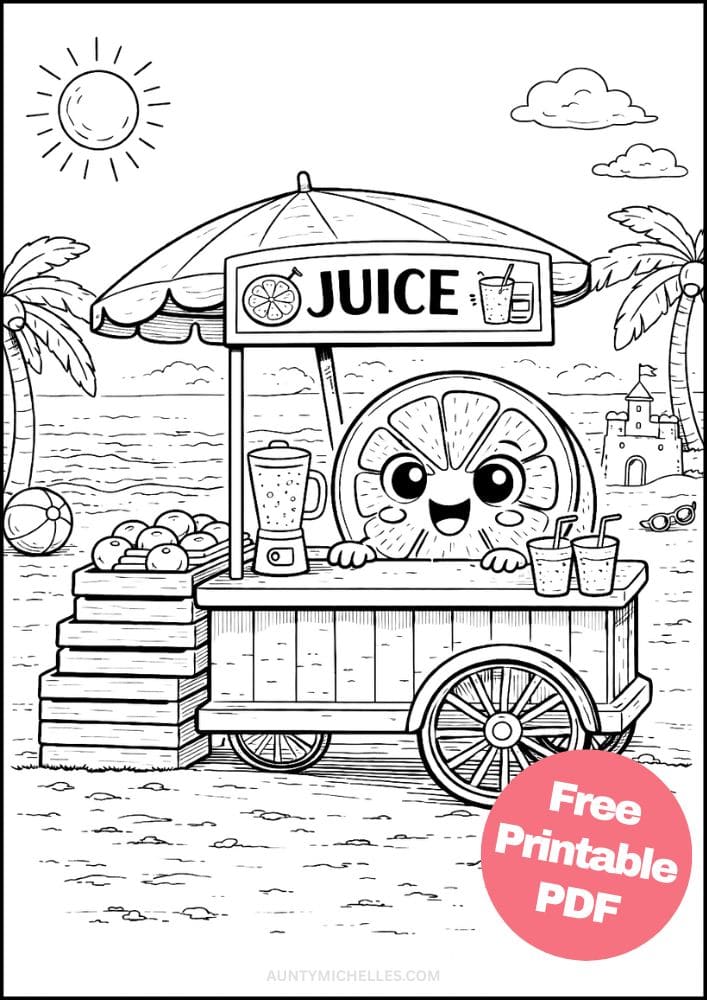 Free Printable Fruit Coloring Pages for Kids Cute Food Colouring Book Sheets Printout PDF 10 orange juice stand