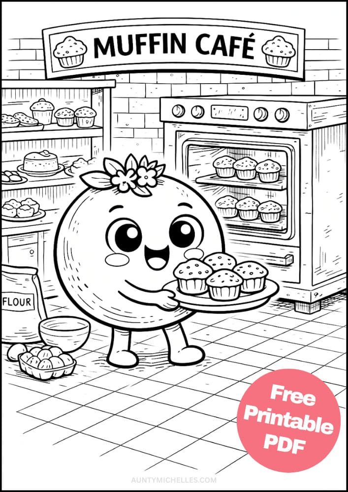 Free Printable Fruit Coloring Pages for Kids Cute Food Colouring Book Sheets Printout PDF 11 blueberry muffin cafe