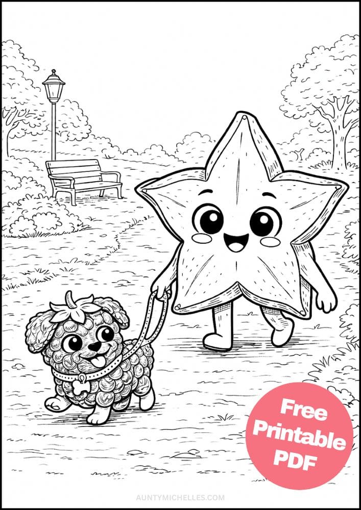 Free Printable Fruit Coloring Pages for Kids Cute Food Colouring Book Sheets Printout PDF 13 starfruit dog