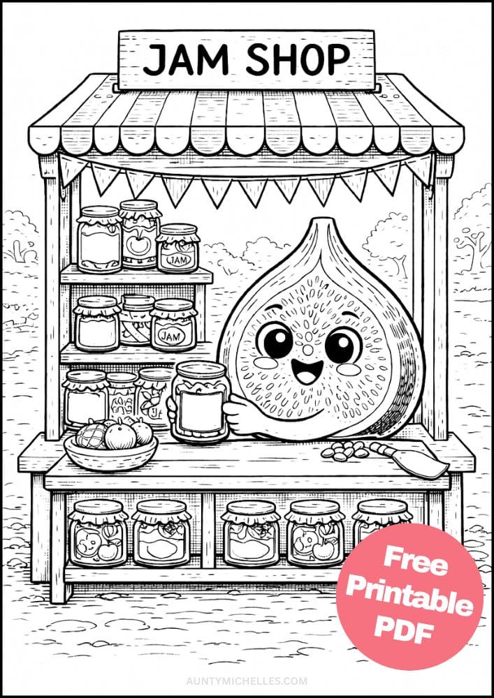 Free Printable Fruit Coloring Pages for Kids Cute Food Colouring Book Sheets Printout PDF 14 fig jam shop