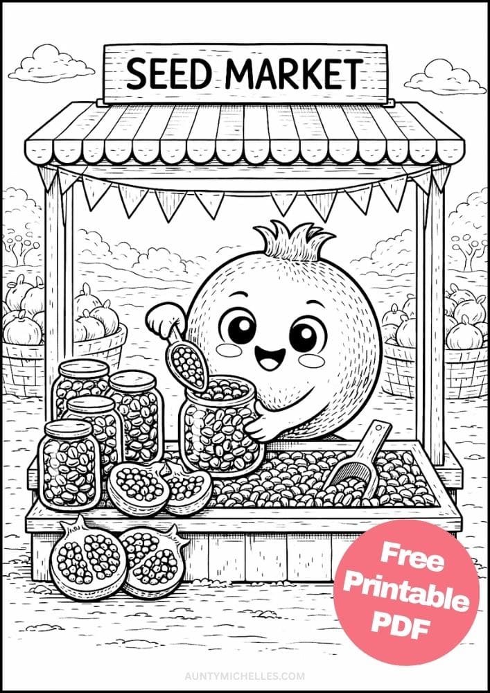 Free Printable Fruit Coloring Pages for Kids Cute Food Colouring Book Sheets Printout PDF 16 pomegranate seed market