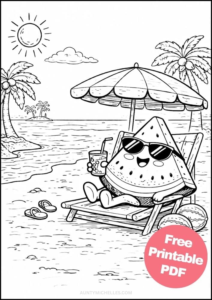 Free Printable Fruit Coloring Pages for Kids Cute Food Colouring Book Sheets Printout PDF 17 watermelon beach