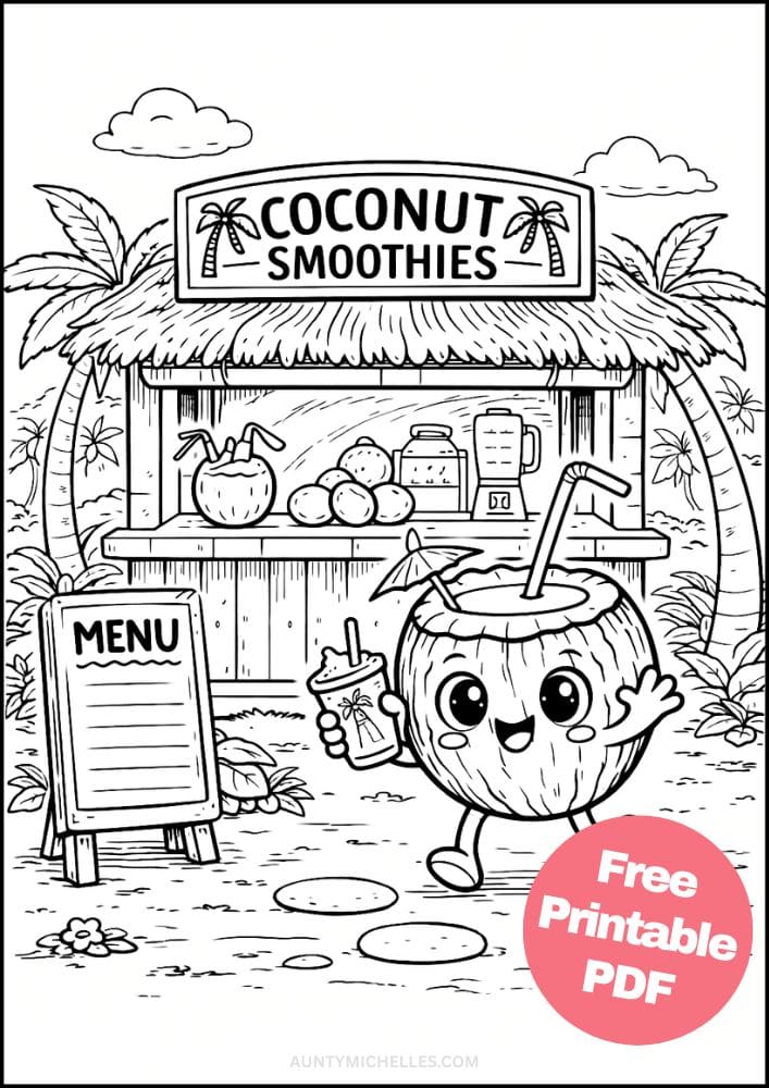 Free Printable Fruit Coloring Pages for Kids Cute Food Colouring Book Sheets Printout PDF 5 coconut smoothie