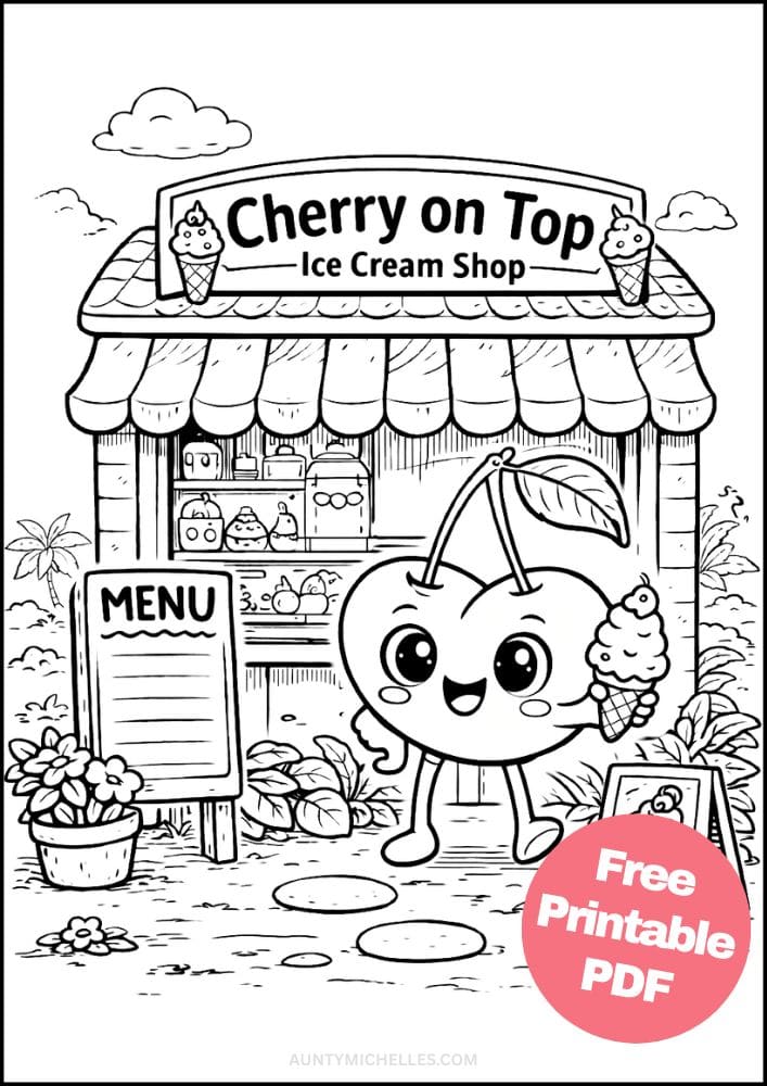 Free Printable Fruit Coloring Pages for Kids Cute Food Colouring Book Sheets Printout PDF 6 cheery ice cream stand