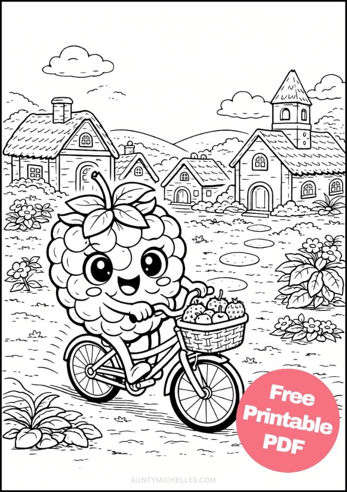 Free Printable Fruit Coloring Pages for Kids Cute Food Colouring Book Sheets Printout PDF 7 raspberry blackberry bike
