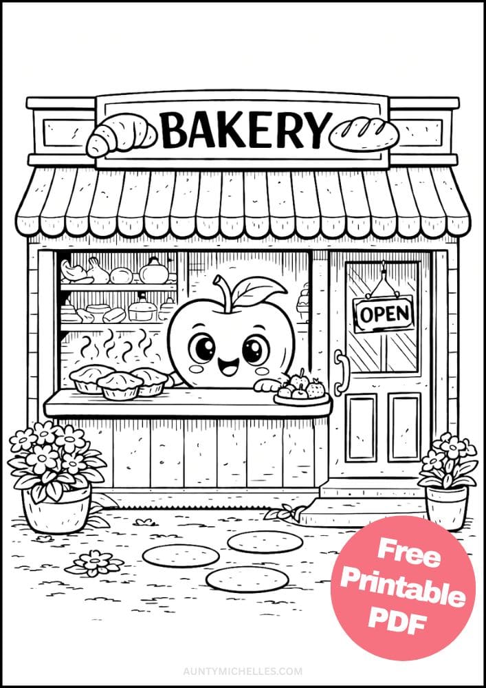 Free Printable Fruit Coloring Pages for Kids Cute Food Colouring Book Sheets Printout PDF 8 apple bakery