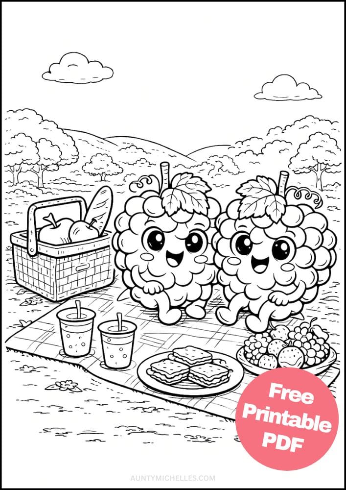 Free Printable Fruit Coloring Pages for Kids Cute Food Colouring Book Sheets Printout PDF 9 grape picnic