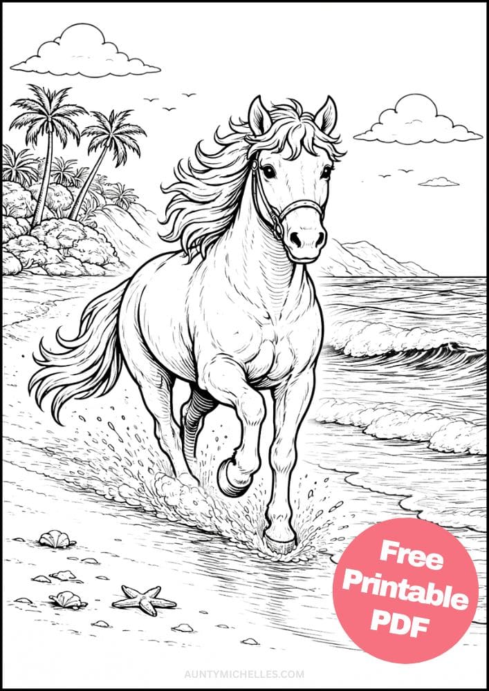 Free Printable Horse Coloring Pages for Kids Pony Coloring Book Printout Sheets 18 realistic running on beach
