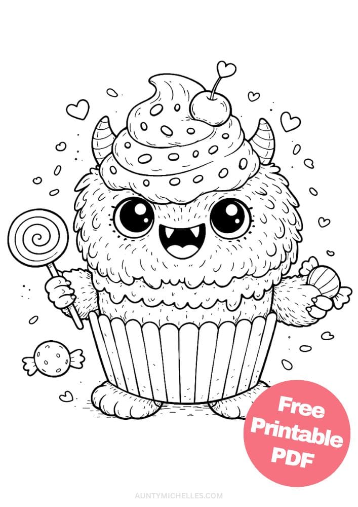 Free Printable Monster Coloring Pages for Kids Cute Creatures Activities Colouring Sheets 1 cupcake dessert