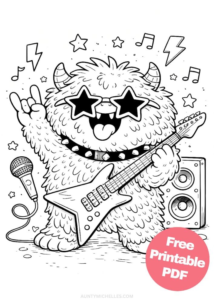 Free Printable Monster Coloring Pages for Kids Cute Creatures Activities Colouring Sheets 5 rockstar guitar music