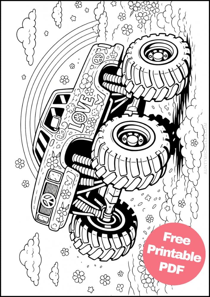 Free Printable Monster Truck Coloring Pages for Kids Activities Colouring Sheets 9 70s rainbow flower power