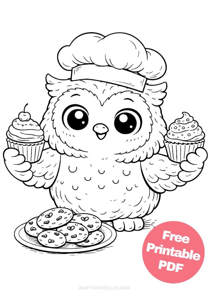 Free Printable Owl Coloring Pages for Kids Bird Colouring Page Animal Printout Sheet 5 baker cupcake chef