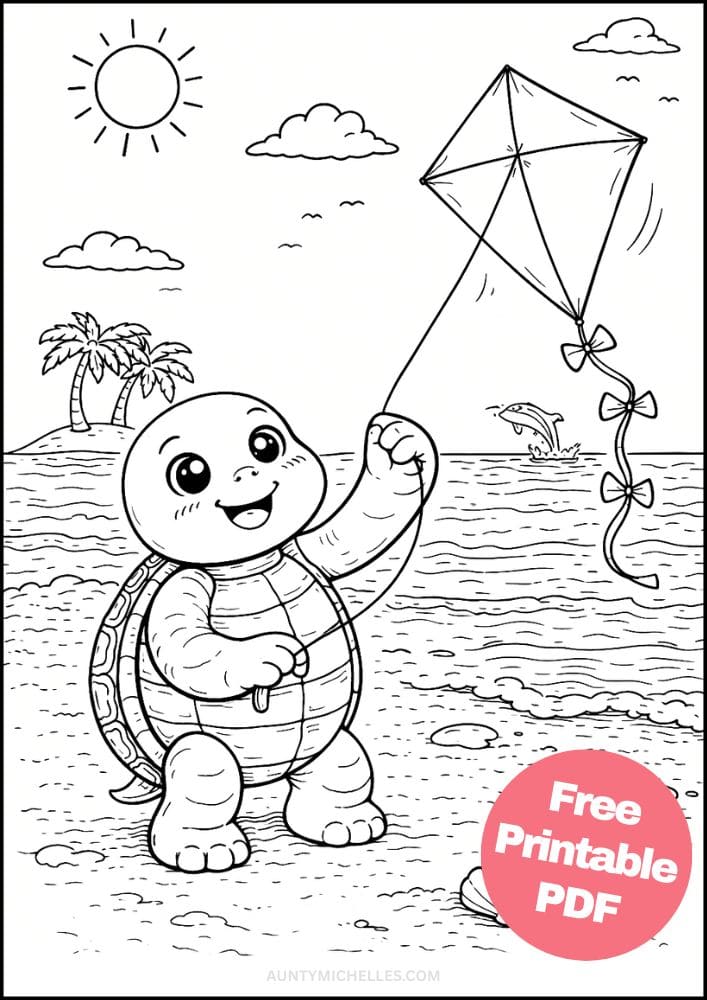 Free Printable Turtle Coloring Pages for Kids Animal Activities Colouring Sheets 4 flying kite on beach