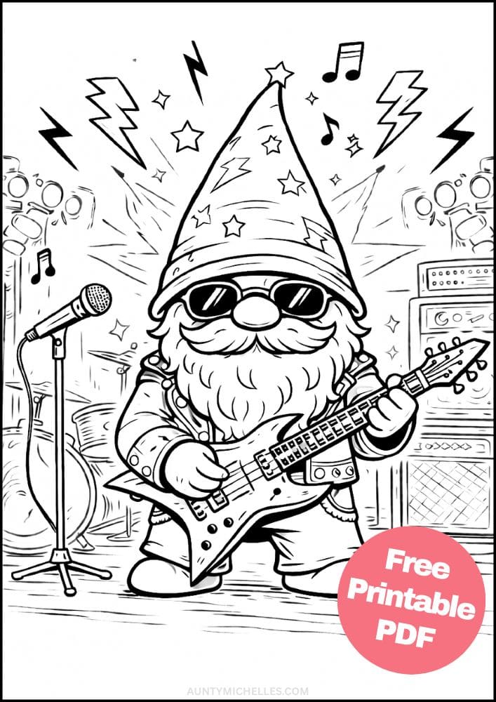 Free Printable Gnome Coloring Pages for Kids Activities Colouring Sheets 10 rock and roll star guitar music