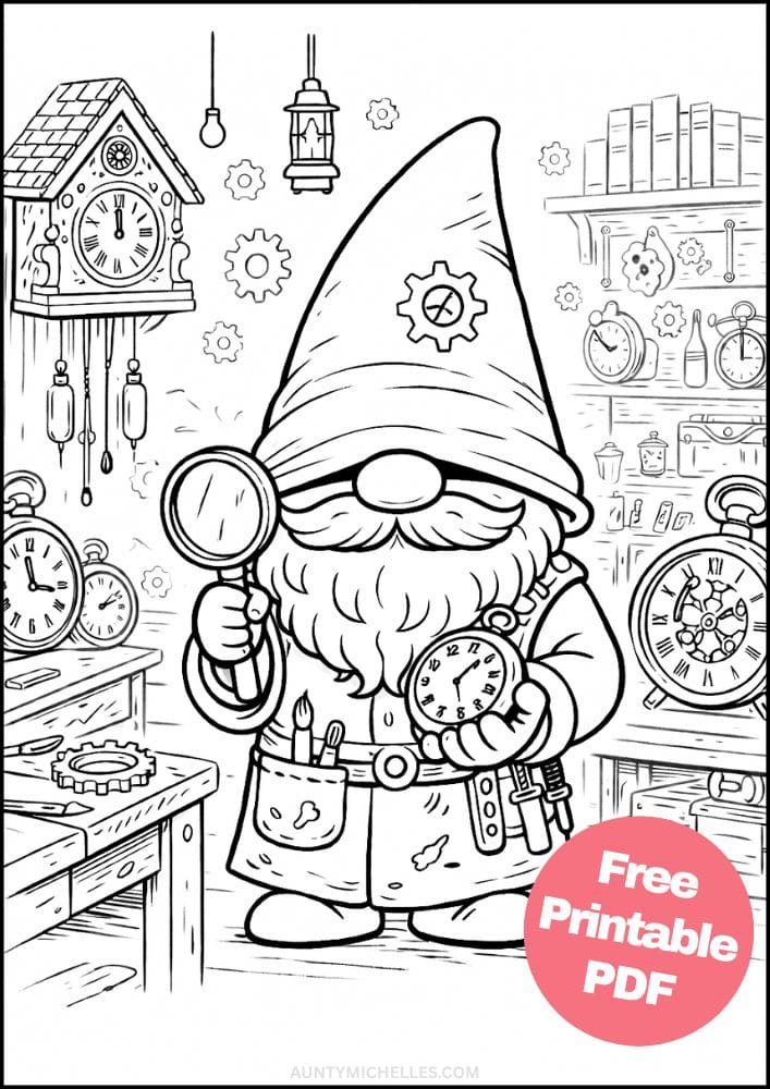 Free Printable Gnome Coloring Pages for Kids Activities Colouring Sheets 11 clock time clockmaker