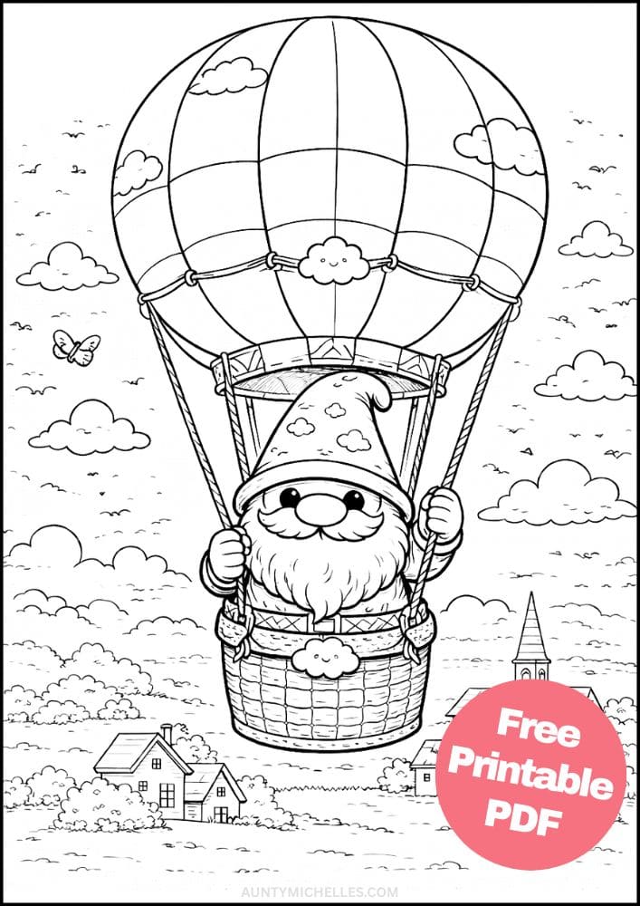 Free Printable Gnome Coloring Pages for Kids Activities Colouring Sheets 16 hot air balloon