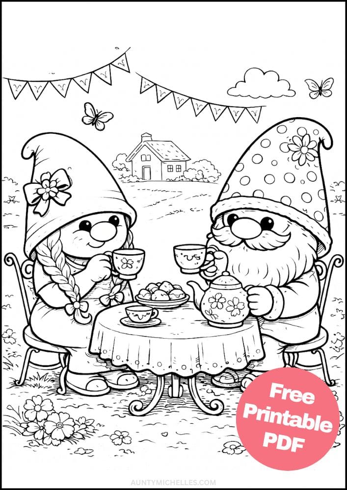 Free Printable Gnome Coloring Pages for Kids Activities Colouring Sheets 17 tea party female gnome