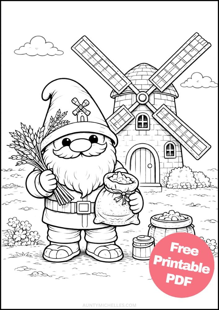 Free Printable Gnome Coloring Pages for Kids Activities Colouring Sheets 19 windmill farmer