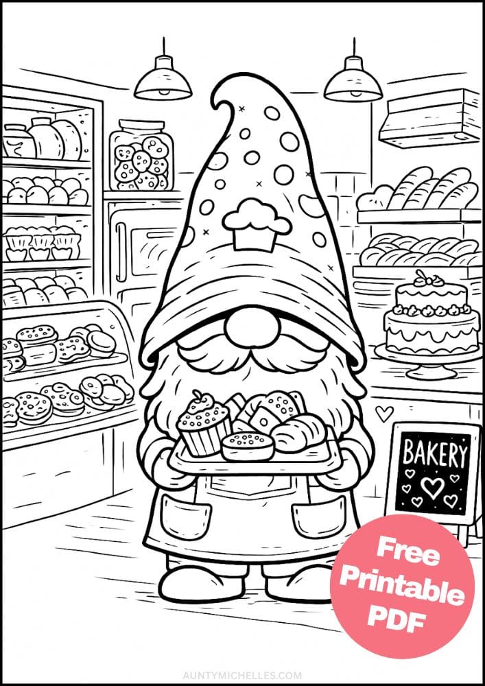 Free Printable Gnome Coloring Pages for Kids Activities Colouring Sheets 7 bakery baker