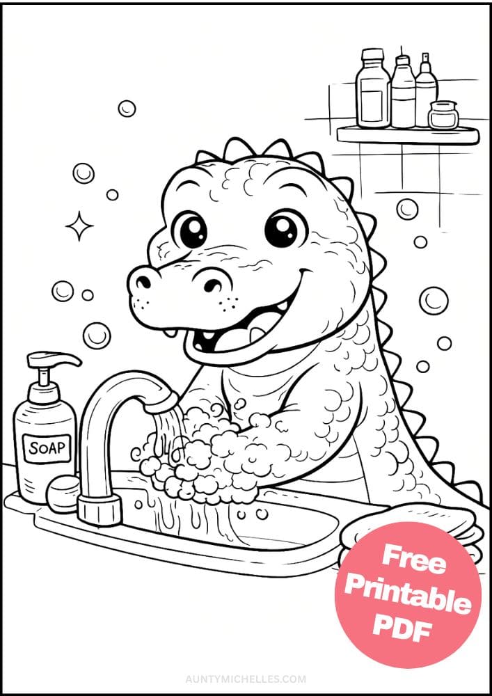 Free Printable Hygiene Coloring Pages for Kids Activities Colouring Sheets 6 alligator washing hands soap