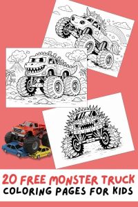 Free Printable Monster Truck Coloring Pages for Kids, Monster Truck Activities, Monster Truck Colouring Sheets, Shark, Unicorn, Dinosaur, Rhino, Spikes, Pirates, Santa, Dragon, Tiger, Fire