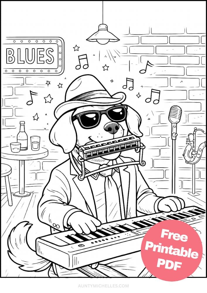 Free Printable Music Coloring Pages for Kids Musician Instrument Activities Colouring Sheets 13 dog harmonica keyboard blues