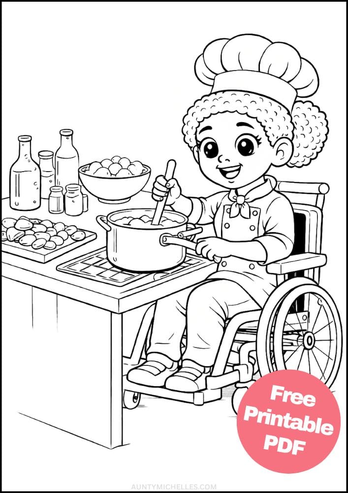Free Printable Wheelchair Coloring Pages for Kids Inclusive Differently Abled Activities Colouring Sheets 10 chef