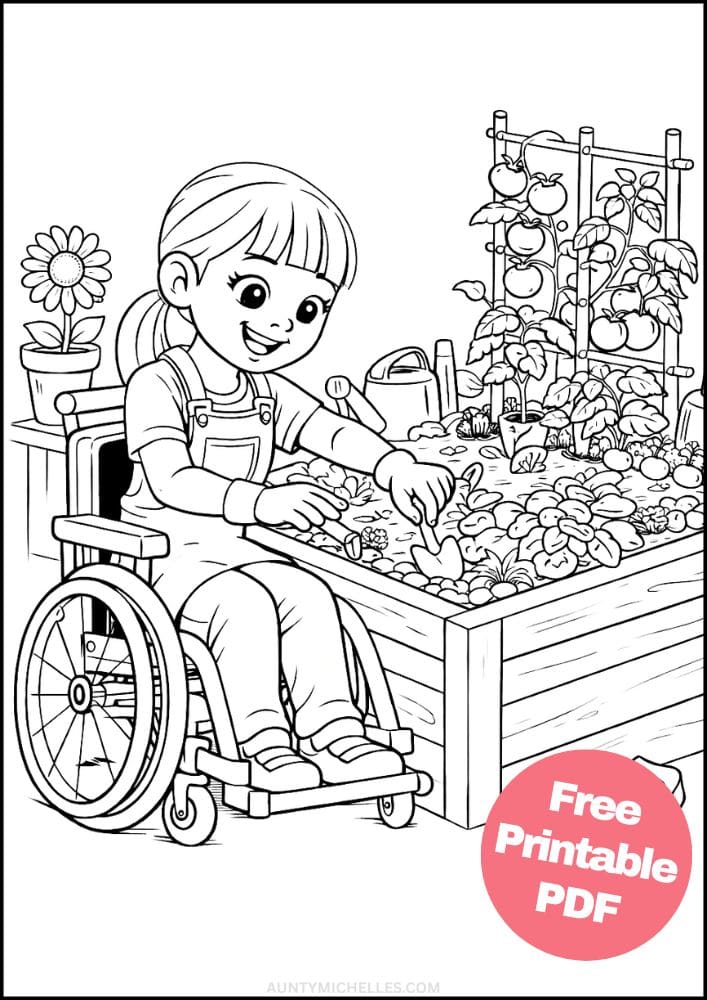 Free Printable Wheelchair Coloring Pages for Kids Inclusive Differently Abled Activities Colouring Sheets 11 gardening gardener