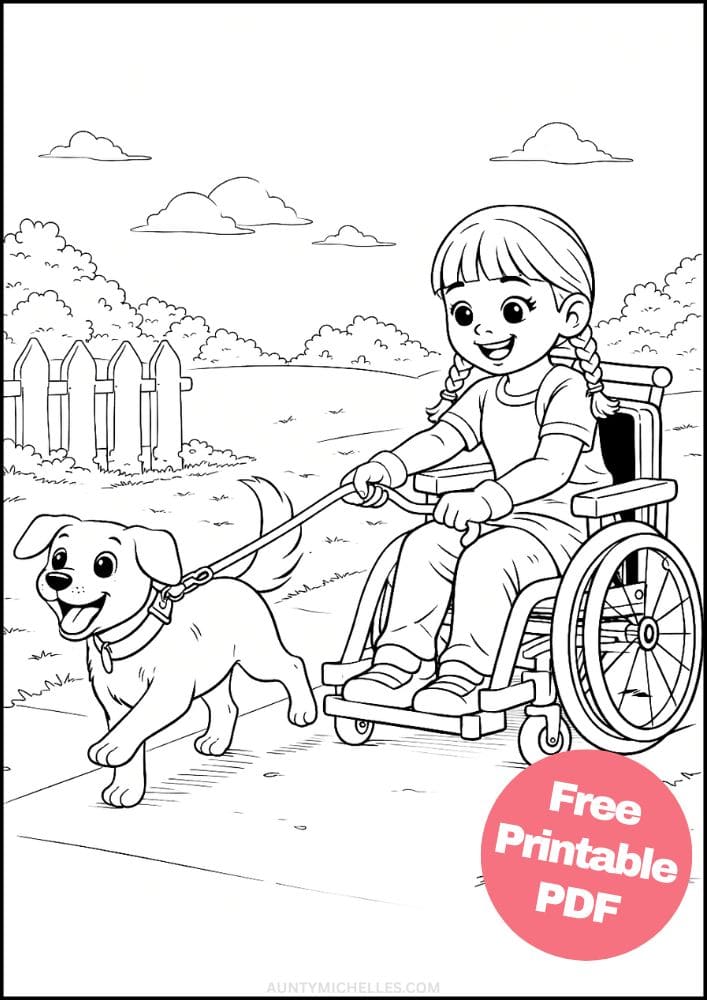 Free Printable Wheelchair Coloring Pages for Kids Inclusive Differently Abled Activities Colouring Sheets 12 dog walk