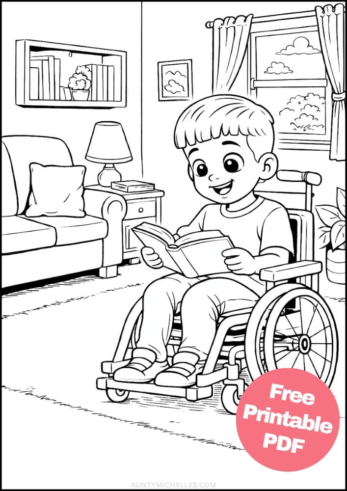 Free Printable Wheelchair Coloring Pages for Kids Inclusive Differently Abled Activities Colouring Sheets 15 reading a book