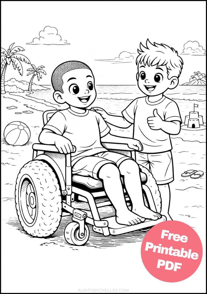 Free Printable Wheelchair Coloring Pages for Kids Inclusive Differently Abled Activities Colouring Sheets 18 beach