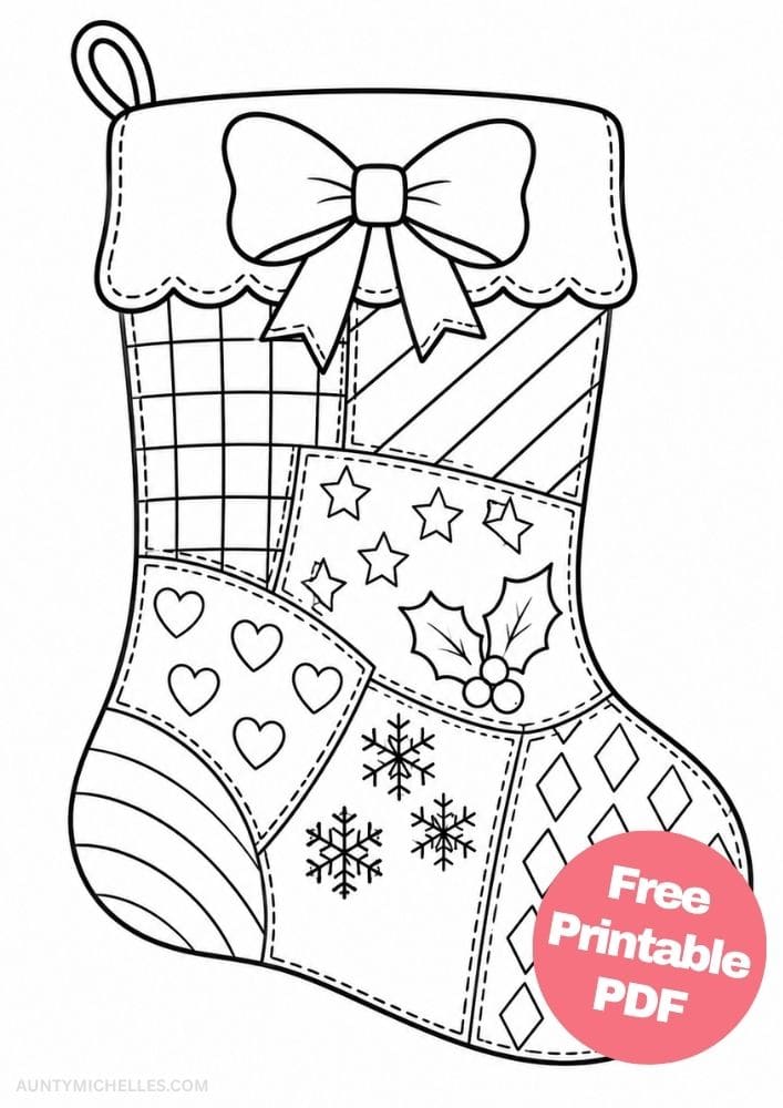 Patchwork Christmas stocking coloring page with a large bow, hearts, stars, snowflakes, and holly.