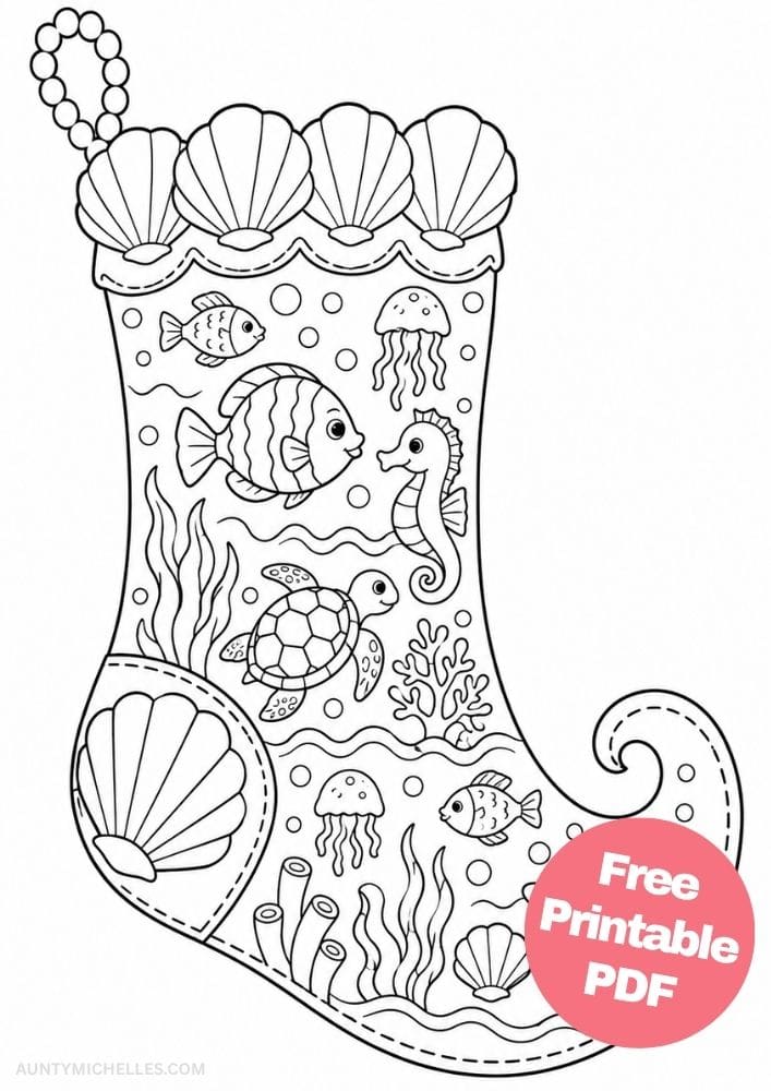 Under-the-sea stocking coloring page with fish, seashells, a turtle, seahorse, and jellyfish.