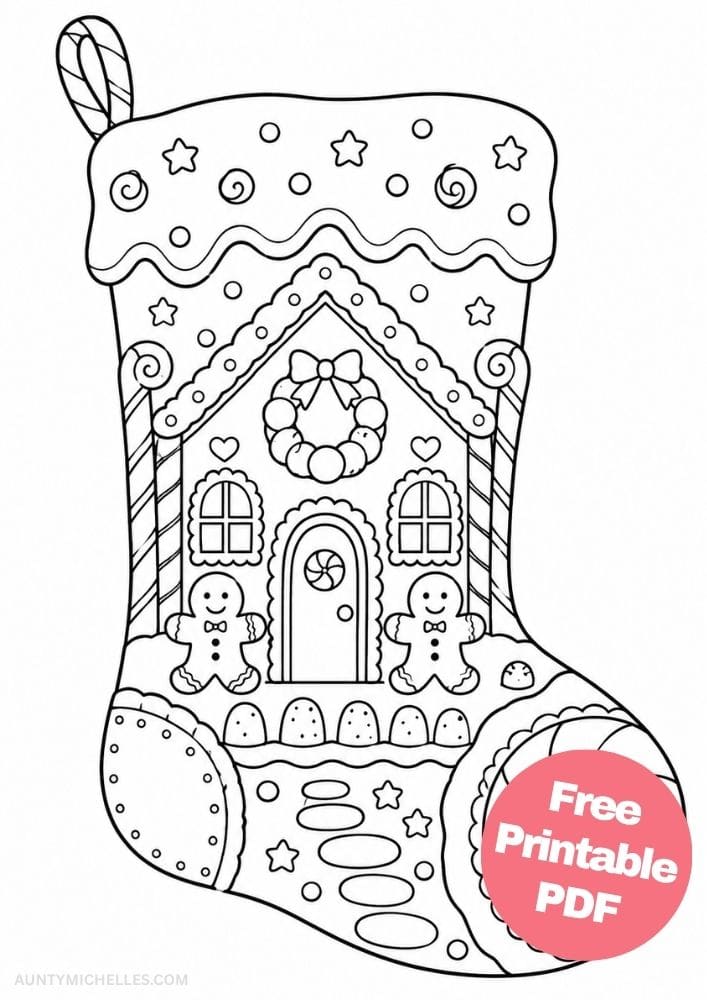 Gingerbread house Christmas stocking coloring page with candy canes, gumdrops, cookies, and frosting.