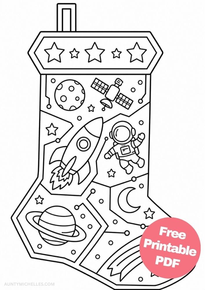 Outer-space stocking coloring page with a rocket, astronaut, satellite, planets, stars, and moon.
