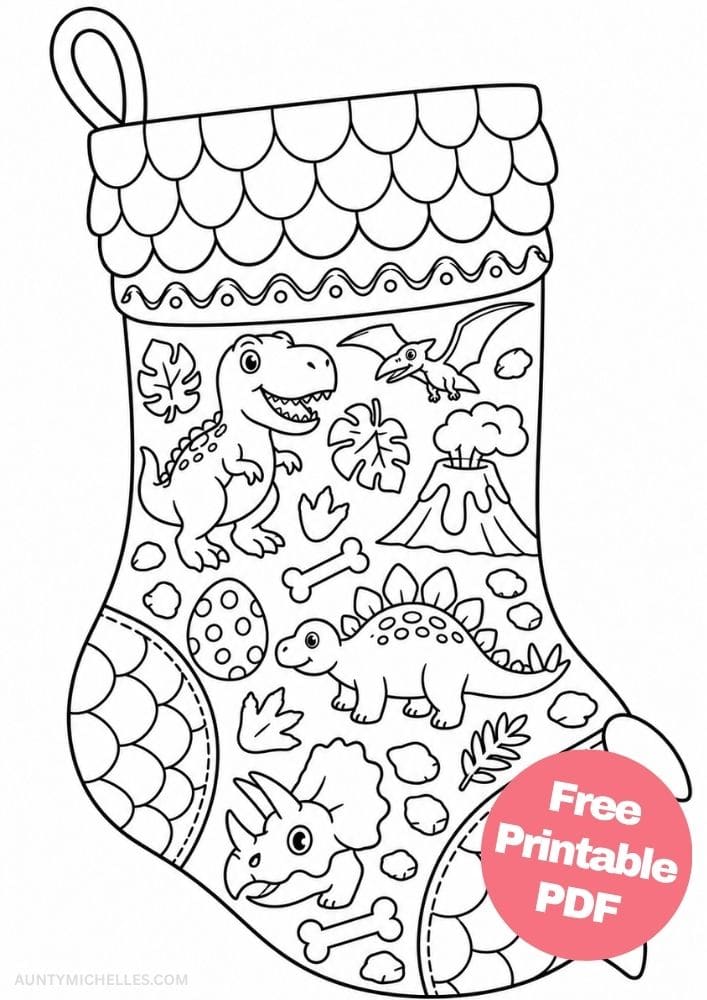 Dinosaur Christmas stocking coloring page with friendly dinosaurs, an egg, volcano, bones, and fossils.