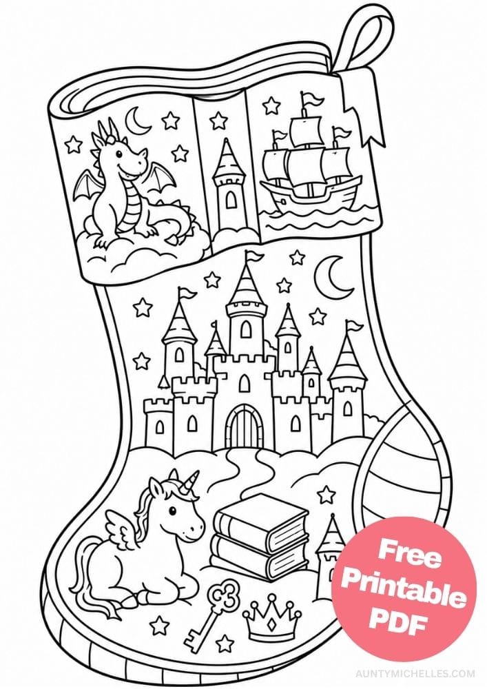 Fantasy storybook stocking coloring page with a dragon, castle, sailing ship, unicorn, books, and crown.