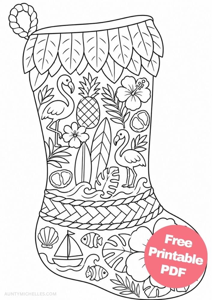 Tropical Christmas stocking coloring page with flamingos, hibiscus flowers, pineapple, surfboards, and sailboat.