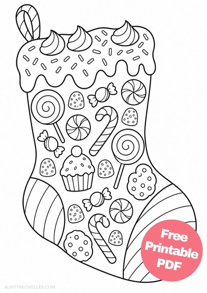 Candy-filled Christmas stocking coloring page with lollipops, cupcakes, peppermints, cookies, and candy canes.