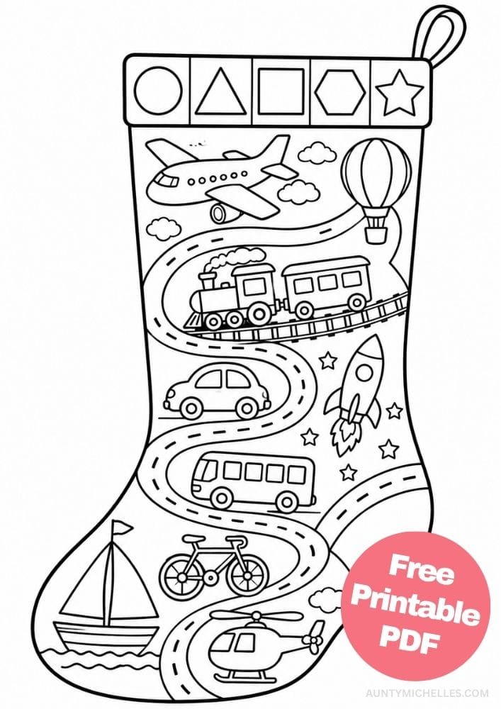 Transportation stocking coloring page with an airplane, train, car, bus, bicycle, rocket, boat, and helicopter.