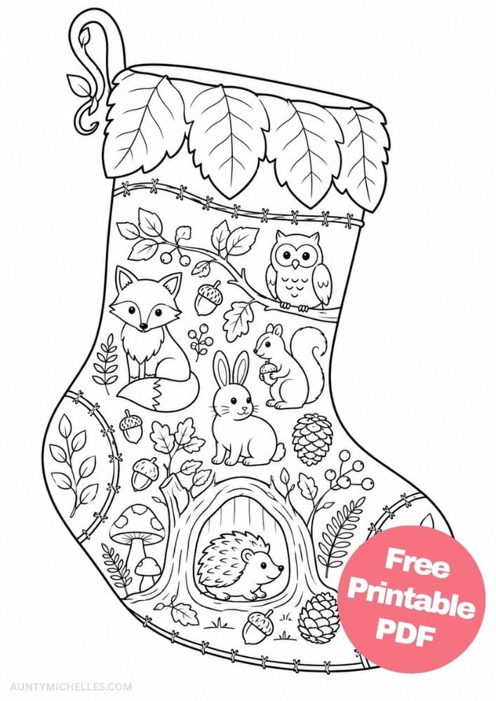 Woodland Christmas stocking coloring page with a fox, owl, rabbit, squirrel, hedgehog, leaves, and mushrooms.